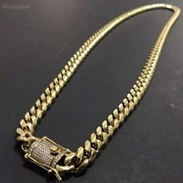 Mens Gold Tone 316L Stainless Steel Necklace Curb Cuban Link Chain with Diamonds Clasp Lock 8mm/10mm/12mm/14mm/16mm/18m 3695