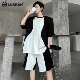 Men's Tracksuits LUZHEN Personality Trendy Colour Contrast Design Short Sleeved T Shirts Two-piece Sets Stylish Street Men Straight Shorts