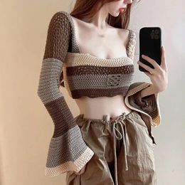 Women's Sweaters Spring Cropped Slim Square Neck Bell Sleeve Sweater Top Cutout Niche Pullover Color-block Undershirt