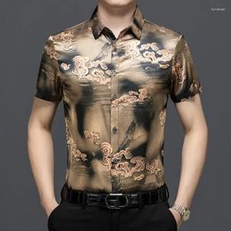 Men's Casual Shirts Arrival Fashion Printing Mulberry Silk Clothes Summer 2024 Male Soft Satin Short Sleeve Dresses