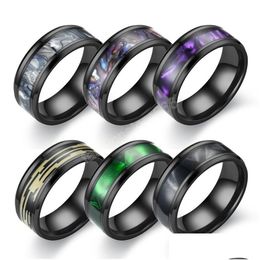 Band Rings 8Mm Black Gradient Inlaid Shells Ring Stainless Steel For Men Women Female Finger Simple Charms Wedding Jewellery Drop Deliv Dh2Py