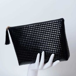 Cosmetic Organizer Diamond Pattern Black Leather makeup pouch with Tassel Zipper - Large Capacity Y240503