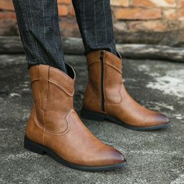 Plus Size 38-48 Western Style Cow Boy Ridding Fashion Men's Leather High top Point toe Booots Male Dress Boots