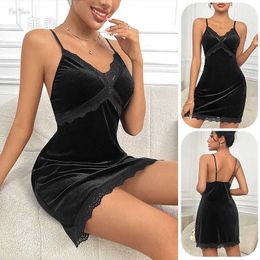 Women's Sleep Lounge Womens Velvet Evening Dress Sexy Deep V-shaped Evening Dress Womens Lace Splicing Work Pendant Backless Adjustable Shoulder Strap DressL2405