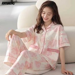 Women's Sleepwear Womens Pajama Set Summer High Quality Cotton Pajama Marble Flip Collar Womens Pajama Casual Home Set Shawl Collar Womens Pajamas WX