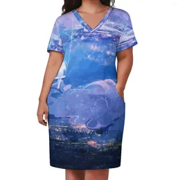 Casual Dresses Above The Clouds Loose Pocket Dress Women V Neck Printed Cloud Sky Night Celestial Blue Purple