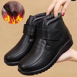 Boots Winter Women Genuine Leather Flat Casual Ankle Female Thick Plush Warm Snow Mother Waterproof Non-slip Booties