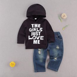 Clothing Sets 2 Pcs Toddler Casual Outfits Baby Letter Print Long Sleeve Hooded Sweatshirt Ripped Jeans With Pockets