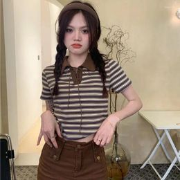 Women's Polos Clothes Short Sleeve Tee Brown Striped Top Polo Neck Shirt Crop T Shirts Summer 2024 Polyester Korean Style Cotton Cute