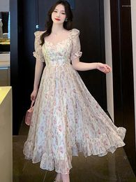 Party Dresses 2024 Boho Floral Casual Ruffled Long Women Korean Elegant Bodycon Prom Clothes Summer Puff Sleeve Square Collar Vestidos