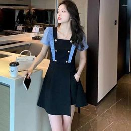 Party Dresses Fashion Square Collar Button Spliced Puff Sleeve Ruffles Mini Dress Women's Clothing 2024 Summer Loose Korean Ladies