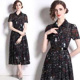 Runway Vintage Floral Print Womens Ladies Midi Shirt Dresses Collar Belt Button Front Short Sleeve A-Line Summer Fall Casual Party Holiday New Arrival Dropshipping