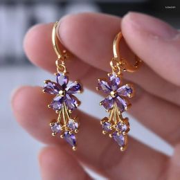 Dangle Earrings Luxury Gold Colour Flower Shape Women Drop Inlaid Shiny Multicolour Cubic Zirconia Top Quality Fashion Banquet Jewellery