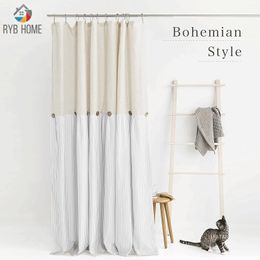 RYB HOME Linen Button Shower Curtain Cotton Woven Fabric Pleated Grey Stripe on Waterproof Country Style Curtins for Bathroom 240429