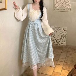 Work Dresses Autumn Winter Fairy Cute Dress Sets 2024 Loose Pullover Bat Sleeve Sweater Sleeveless Shoulder Strap Plaid Two-piece Set