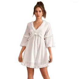 Party Dresses Midi Dress Elegant Women White V-Neck Hollowed Short Flare Half Sleeve Casual