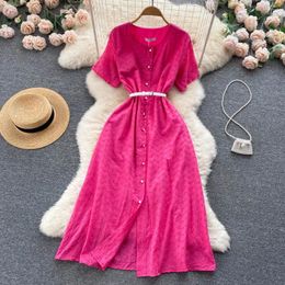 Party Dresses Summer Women O-Neck Short Sleeve Belt Slim Long Dress High Quality Embroidery Hollow Out Single-breasted Elegant