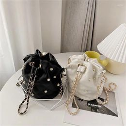 Shoulder Bags Elegant Female Pearl Bead Bucket Bag 2024 High Quality Pu Leather Women's Designer Handbag Chain Messenger