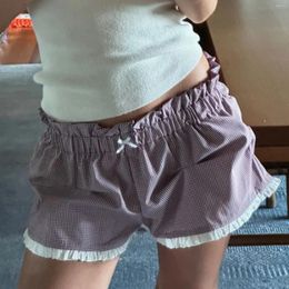 Women's Shorts Combhasaki Y2K Kawaii Plaid Elastic Waist Bow Decor Casual Flare Wide Leg Patchwork Loose Lounge Summer Bottoms