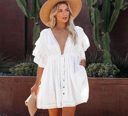 Women039s Swimwear 2021 Bikini Coverups White Tunic Sexy Vneck Butterfly Sleeve Summer Beach Wear Mini Dress Plus Size Women 9880309