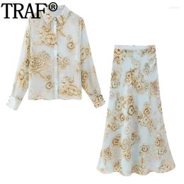 Work Dresses Women's Skirt Set 2 Pieces Print Floral Shirts High Waist Long Skirts Summer 2024 Woman Transparent And Top