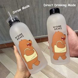 Cups Dishes Utensils 1000mL Portable Large Cartoon Water Bottle Panda Cute Bear Matte Straw Cup Food grade Heat Resistant High Quality Water BottleL2405