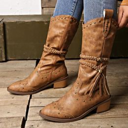 Boots Women's Retro Autumn Winter White Knee High Women Comfy Walking Female Western Cowboy Boot Shoes