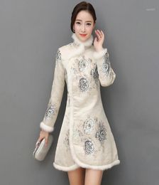 Chinese Style Cheongsam Women Temperament Plush Floral Print Dress Chinese Style Qipao 2020 New19347972