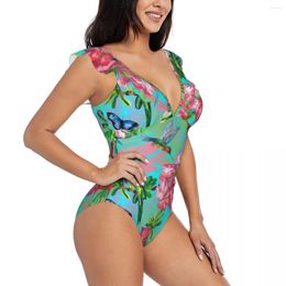 Women's Swimwear Sexy One Piece Swimsuit Push Up Tropical Blooming Flowers Paradise Women Ruffle Monokini Bodysuit Bathing Suit