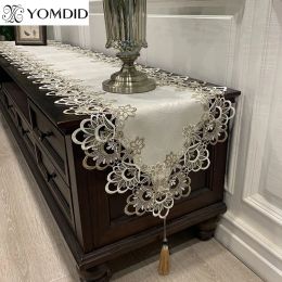 Linens YOMDID Oval Lace Table Runner Embroidered Cabinet Tablecloth Lace Pendant Tassel Dresser Table Flag Dust Cover Manteles De Mesa