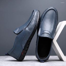 Casual Shoes Breathable Genuine Leather Men Summer Slip On Loafers Blue Flats Driving Moccasins