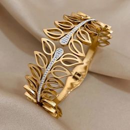 ALLYES Hollow Leaf Wide Stainless Steel Bracelet for Women Trendy Chunky Metal 18K Gold Plated Bangles Bracelets Jewellery Gifts 240423