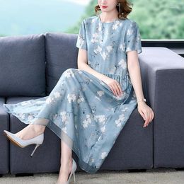 Party Dresses 2024 Summer Blue Floral Casual Midi Dress Women Korean Fashion Beach Boho Elegant Maxi O-Neck Evening Vestidos