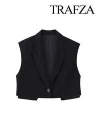 Women's Tanks TRAFZA Summer Office Short Shoulder Bag Casual Suit Vest Fashionable Flip V Neck Sleeveless Single Button Top