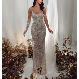 Mermaid Prom Dresses One Long Sleeve V Neck Strapless Appliques Sequins Beaded Floor Length Detachable Train Evening Dress Bridal Gowns Plus Size Custom Made 0431