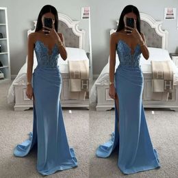 Lace Prom Dress Blue Mermaid Top Sweetheart Formal Evening Dresses Elegant Pleats Party Gowns For Special Ocns Split Robe De Soiree es