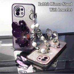 Cell Phone Cases Rabbit Makeup Mirror Plating Phone Holder Case For Mi 11 11TPro 11Lite 11i 11T 13Lite 13Pro 14 14Pro 12 12T 12Pro Cover