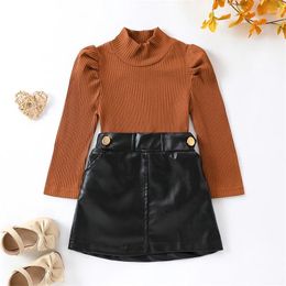 Clothing Sets Girls Clothes Set Autumn Long Sleeve Turtleneck Tops With PU Leather Skirt Baby Kids Children Girl