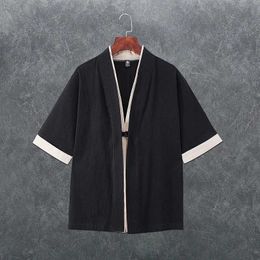 Men's Polos Chinese style linen mens kimono with open front traditional Yukata Japanese samurai casual kimono dress solid colorL2405