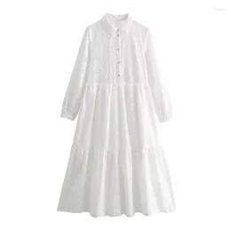 Casual Dresses Embroidery White Woman Cut Out Midi Shirt Dress Women Ruffle Summer Beach Long 2024 Loose