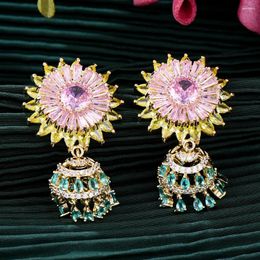 Dangle Earrings Missvikki Luxury Sun Flower Trendy Shiny Pink CZ Full Mirco Paved Cubic Zircon Naija Wedding Fashion Jewellery Gift