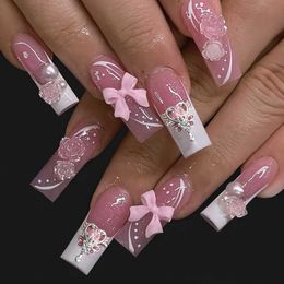 False Nails 24Pcs French False Nails with 3D Flower Bow Design Long Coffin Ballet Girl Wearable Press on Nails Full Cover Fake Nail T240507