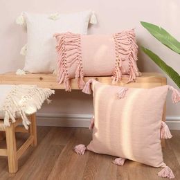 Cushion/Decorative Solid Colour Cotton and Linen Tassel Cushion Cover INS Pink Blue Fringed Covers Decorative Cushions for Sofa Home