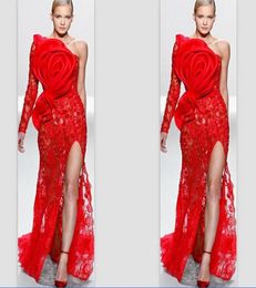 Evening Gowns One Shoulder Single Sleeve Red Lace Big Bow Applique Front Split Customise Prom Celebrity Dresses6113543
