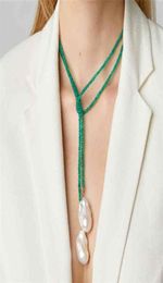 Women Temperament Long Drop Pendientes Necklace Baroque Freshwater Pearl Green beads Exquisite Handmade Choker Jewellery 210331256D7670905