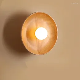 Wall Lamp Nordic Modern Lamps Nature Solid Wood Body Round Plate Lights LED Bedroom Corridor Simple Home Decor Design Sconce