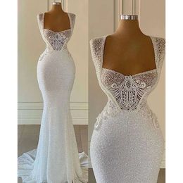 Wedding Elegant Square Mermaid Waist Dresses High Shining Sequined Sleeveless Slim Court Cown Custom Made Plus Size Vestidos De Novia