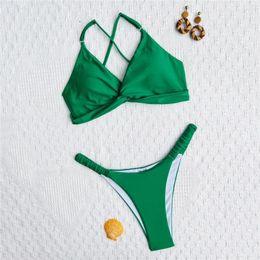 Women's Swimwear Bikini Set Sexy Greens Women Thong Swimsuits High Leg Cut Bathing Suit Biquinis 2024 Mujer Bandage Beachwear