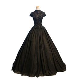 Real Po Black Ball Gown Evening Dresses Long High Neck Short Sleeve Beading Appliques Tulle Evening Gowns Vestido De Festa Robe4335784