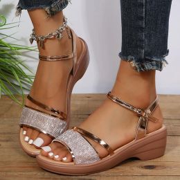 Sandals Gold Sier Platform Sandals Women 2023 Summer Thick Heeled Wedges Sandals Woman Plus Size 43 Ankle Strap Gladiator Sandalias